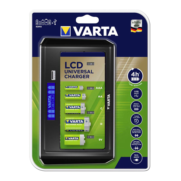 VARTA LCD Универсано зарядно за всякакъв размер батерии AAA, AA, C, D, 9V за 2 или 4 батерии от размери AAAAACD или 1 батерия VARTA LCD Универсано зарядно за всякакъв размер батерии AAA, AA, C, D, 9V за 2 или 4 батерии от размери AAAAACD или 1 батерия